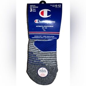 Champion No Show Socks 3 Pair Men's 6-12 White Black Yellow Blue w Logo NEW $18